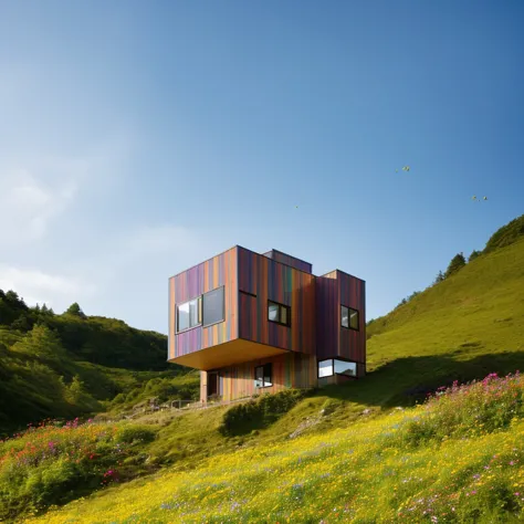 a small and beautiful modern house on a slope of a green hill, the hill has millions of tiny colorful wild flowers, blue sky as ...