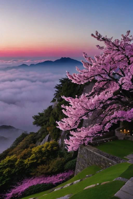 concept art, wide angle shot, A stealthy pink ninja, in the cloak of shadows, (((descending on roof))), cherry blossom tree, in an ancient fortress, weathered stone walls, mount fugi in distant horizon, at night, fog, full moon. high quality, highres:1.1, aesthetic), detailed, extremely detailed, 4K, detailed background