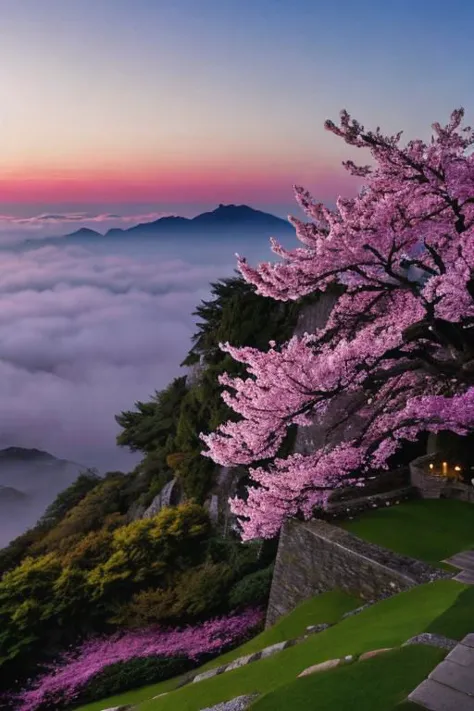 arte conceitual, tiro grande angular, Um ninja rosa furtivo, no manto das sombras, (((descendo no telhado))), árvore de flor de cerejeira, em uma antiga fortaleza, paredes de pedra intemperizadas, monte fugi no horizonte distante, à noite, fog, lua cheia. alta qualidade, alta resolução:1.1, estética), detalhado, extremely detalhado, 4K, detalhado background