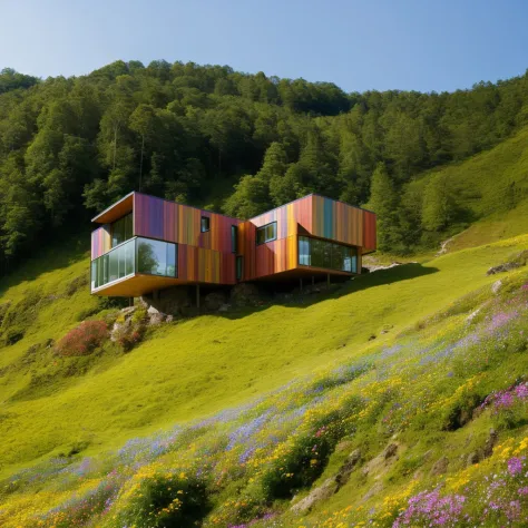 緑の丘の斜面にある小さくて美しいモダンな家, 丘には数百万の小さな色とりどりの野生の花が咲いている, 背景に青い空, 細部までこだわった, 傑作, 高解像度, 最高品質