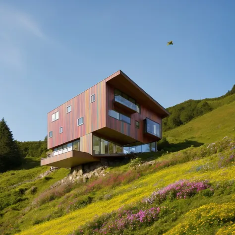 uma pequena e bela casa moderna na encosta de uma colina verde, a colina tem milhões de pequenas flores silvestres coloridas, céu azul como fundo, detalhes altos, obra de arte, alta resolução, melhor qualidade