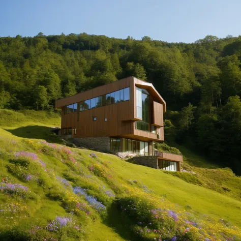 a small and beautiful modern house on a slope of a green hill, the hill has millions of tiny wild flowers, blue sky as backgroun...