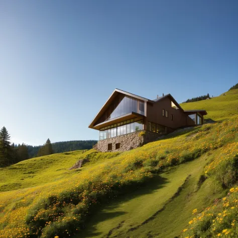 a small and beautiful modern house on a slope of a green hill, the hill has millions of tiny wild flowers, blue sky as backgroun...