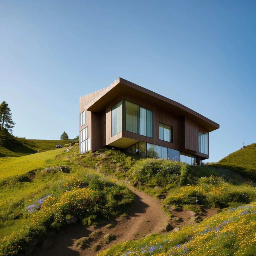 a small and beautiful modern house on a slope of a green hill, the hill has millions of tiny wild flowers, blue sky as background, high details, masterpiece, highres, best quality