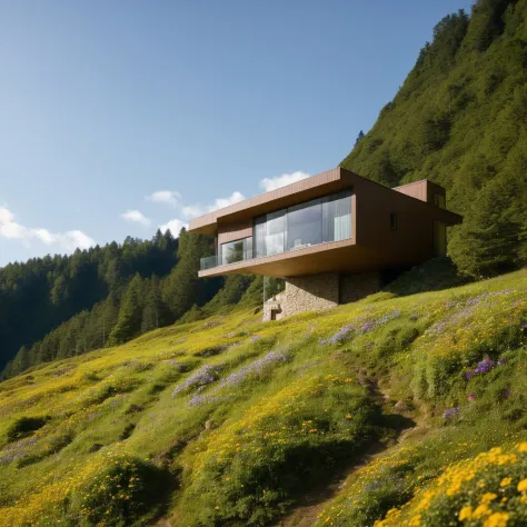 a small and beautiful modern house on a slope of a green hill, the hill has millions of tiny wild flowers, blue sky as backgroun...