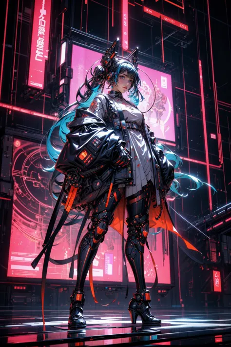 a woman in a futuristic outfit holding a sword and a large bag