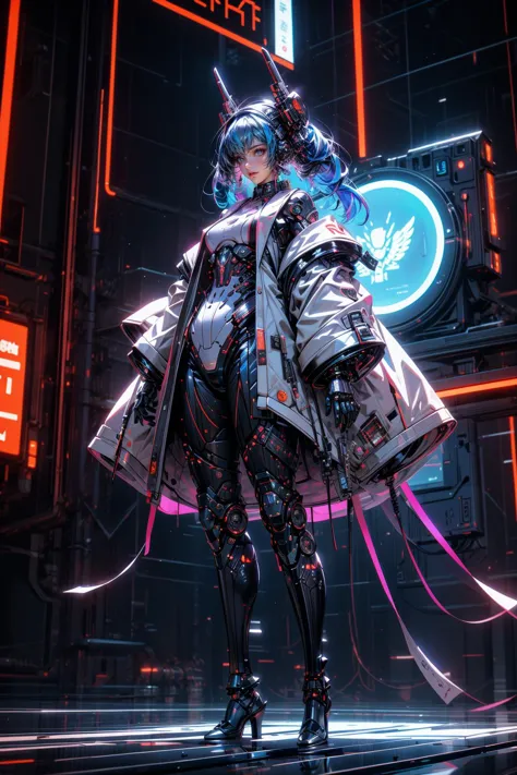 a woman in a futuristic outfit standing on a platform