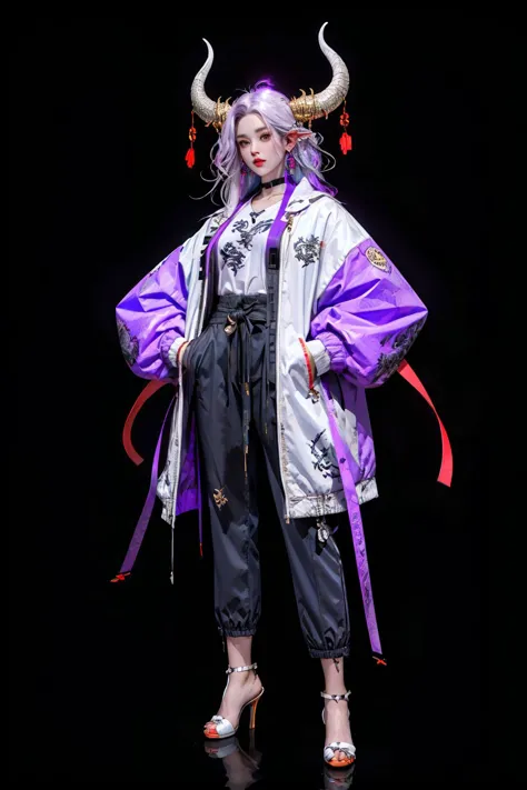 <lora:Ronin:0.7>,oniNFT,horns,jewelry,earrings,dragon,solo,black background,eastern dragon,jacket,multicolored hair,simple background,pointy ears,purple jacket,ear piercing,red hair,1girl,white hair,long hair,<lora:C_projection_holographic_display:0.4>,ful...