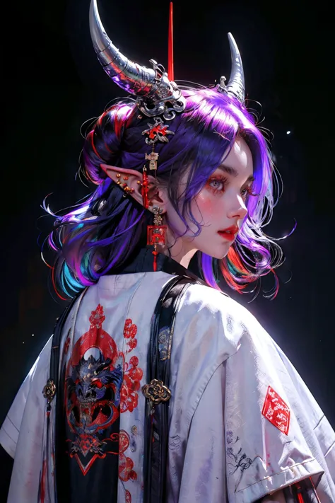 <lora:Ronin:0.7>,oniNFT,horns,jewelry,earrings,dragon,solo,black background,eastern dragon,jacket,upper body,multicolored hair,simple background,pointy ears,from behind,purple jacket,ear piercing,red hair,1girl,white hair,teeth,long hair,<lora:C_projection...