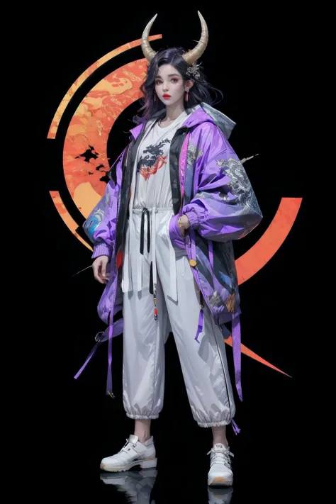 <lora:Ronin:0.7>,oniNFT,horns,jewelry,earrings,dragon,solo,black background,eastern dragon,jacket,multicolored hair,simple background,pointy ears,purple jacket,ear piercing,red hair,1girl,white hair,long hair,<lora:C_projection_holographic_display:0.4>,full body,, (masterpiece, best quality, high quality, highres, ultra-detailed),