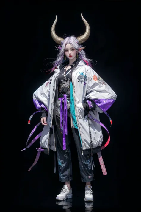 <lora:Ronin:0.7>,oniNFT,horns,jewelry,earrings,dragon,solo,black background,eastern dragon,jacket,multicolored hair,simple background,pointy ears,purple jacket,ear piercing,red hair,1girl,white hair,long hair,<lora:C_projection_holographic_display:0.4>,ful...