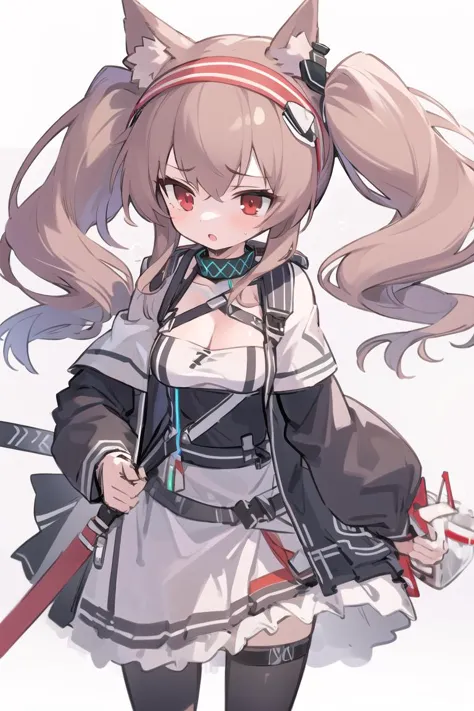 (masterpiece),best quality,Cleavage,<lora:angelina-04:0.75>,angeline,1girl,solo,animal ears,long hair,twintails,fox ears,brown hair,red eyes,hairband,infection monitor (arknights),