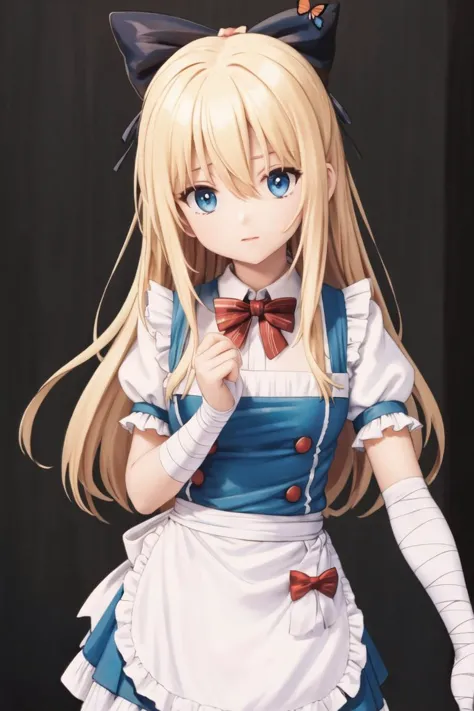 (masterpiece),best quality,portrait,upper_body,1girl,solo,blonde hair,long hair,dress,butterfly hair ornament,bandages,bowtie,striped bow,hair between eyes,puffy sleeves,apron,striped,short sleeves,pantyhose,bandaged arm,alice \(alice in wonderland\),