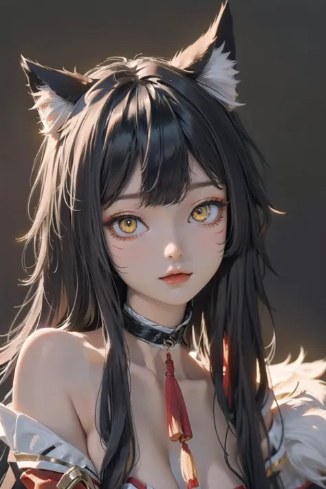 (masterpiece),best quality,1girl,solo,<lora:ahri_Cosplay_V1:0.75>,Ahri_Cosplay,White Tails,Black long hair,yellow eyes,