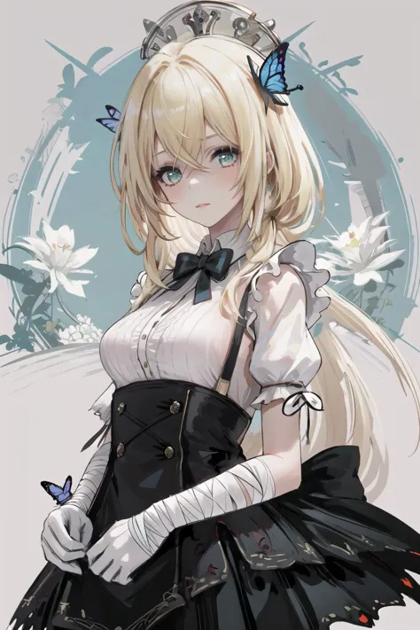 (masterpiece),best quality,portrait,upper_body,1girl,solo,blonde hair,long hair,dress,butterfly hair ornament,bandages,bowtie,st...