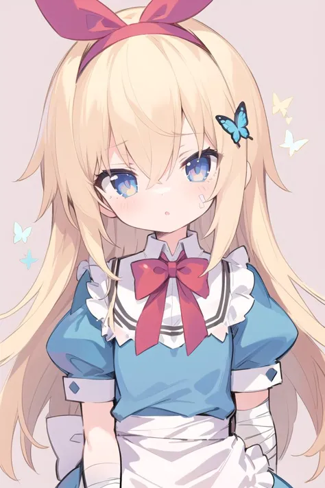 (masterpiece),best quality,portrait,upper_body,1girl,solo,blonde hair,long hair,dress,butterfly hair ornament,bandages,bowtie,striped bow,hair between eyes,puffy sleeves,apron,striped,short sleeves,pantyhose,bandaged arm,alice \(alice in wonderland\),