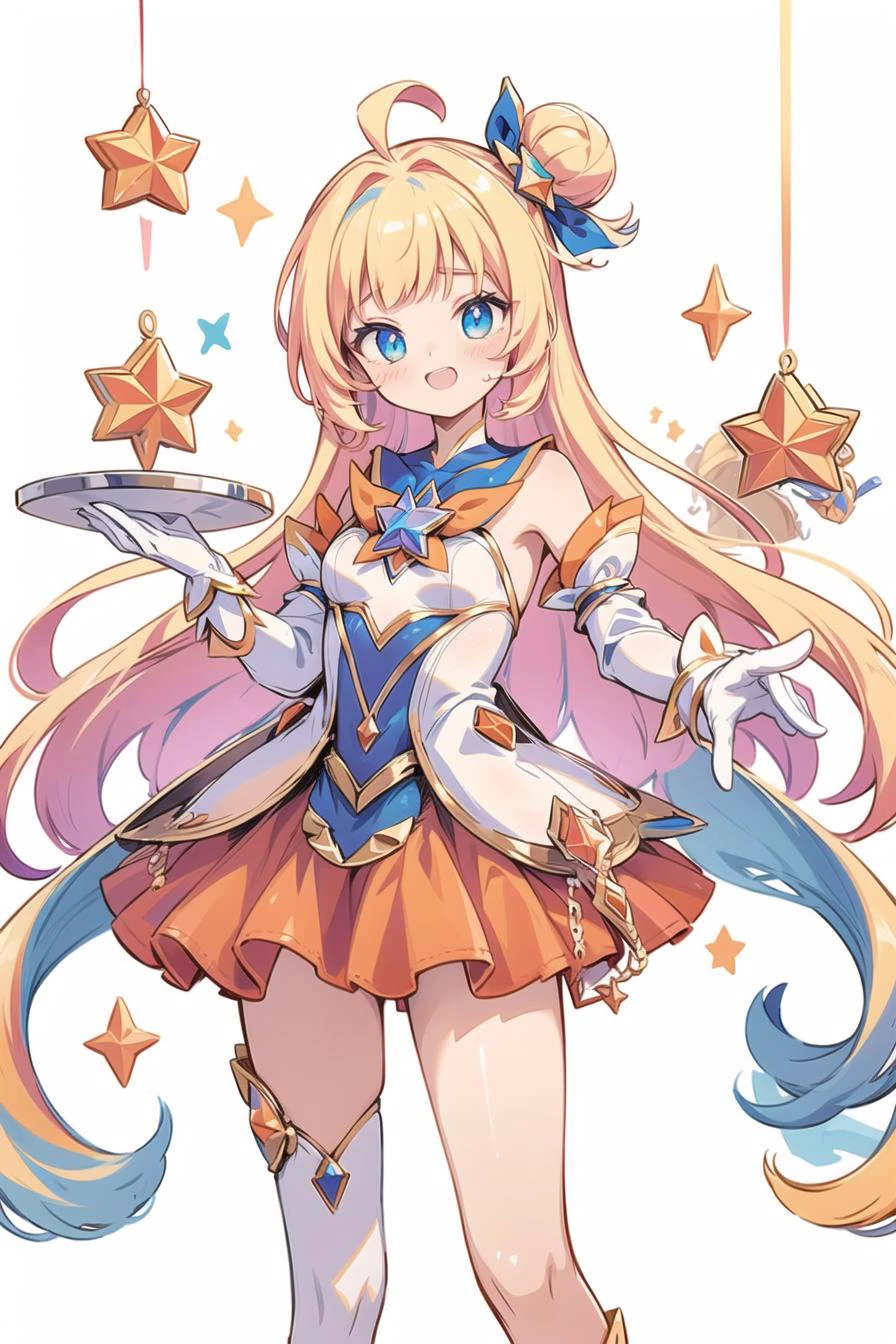 (masterpiece),best quality,star guardian seraphine,blonde hair,orange hair,multicolored hair,multicolored clothes,dress,hair bow,detached sleeves,magical girl,star guardian orianna,blue hair,hair bun,ballerina,short dress,white gloves,