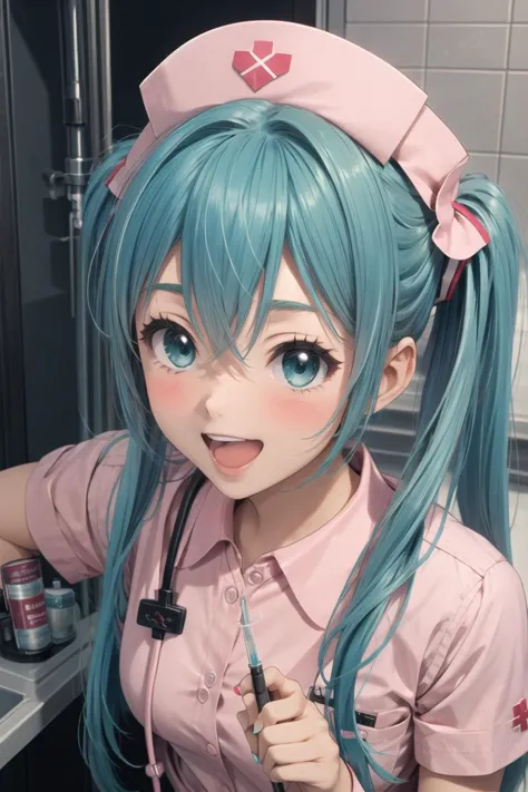 (masterpiece),best quality,1girl,solo,hatsune miku,nurse,twintails,syringe,hat,long hair,aqua hair,nurse cap,blush,open mouth,sm...