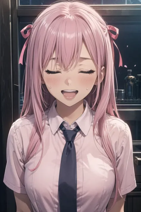 (masterpiece),best quality,anime screencap,anime coloring,anime style,1girl,sweatdrop,solo,closed eyes,long hair,necktie,open mouth,ribbon,smile,pink hair,hair ribbon,school uniform,