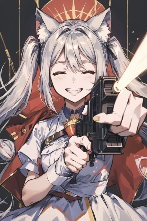 (masterpiece),best quality,1girl,gun,animal ears,solo,closed eyes,twintails,smile,holding gun,dress,aiming at viewer,short sleeves,handgun,animal ear fluff,upper body,grin,teeth,