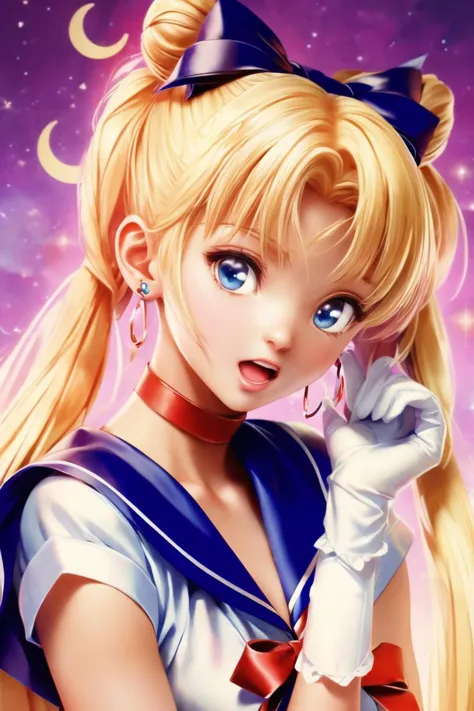 (masterpiece),best quality,anime screencap,anime coloring,anime style,katou megumi,1girl,solo,tsukino usagi,blonde hair,sailor moon,sailor senshi uniform,blue eyes,blue sailor collar,sailor collar,earrings,long hair,crescent earrings,twintails,jewelry,crescent,gloves,choker,double bun,white gloves,moon,hair bun,v,upper body,red choker,collarbone,red bow,looking at viewer,open mouth,bow,magical girl,hair ornament,:o,elbow gloves,circlet,crescent moon,bangs,short sleeves,bowtie,white shirt,