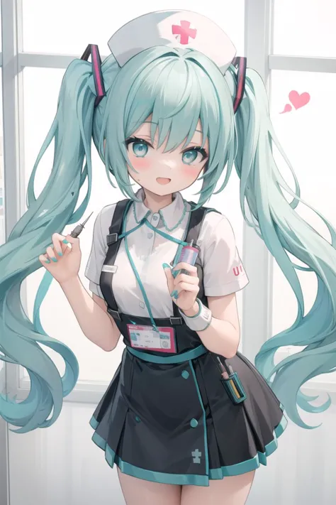 (masterpiece),best quality,1girl,solo,hatsune miku,nurse,twintails,syringe,hat,long hair,aqua hair,nurse cap,blush,open mouth,sm...