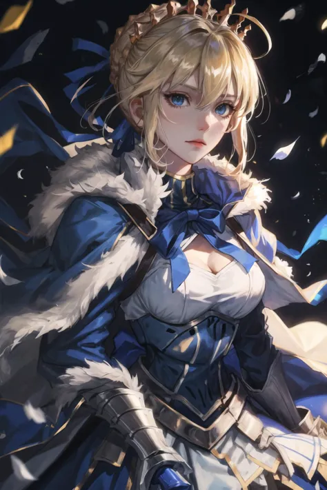 1girl, artoria pendragon (fate), armor, crown, blonde hair, sidelocks, solo, fur trim, braid, looking at viewer, bangs, saber, cape, closed mouth, blue cape, blurry, breastplate, armored dress, confetti, ahoge, french braid, upper body, green eyes, hair between eyes, depth of field, fur-trimmed cape, blue eyes, gauntlets, artoria pendragon (lancer) (fate), dress, light particles, blue dress, petals, hair bun, weapon, blurry background, short hair