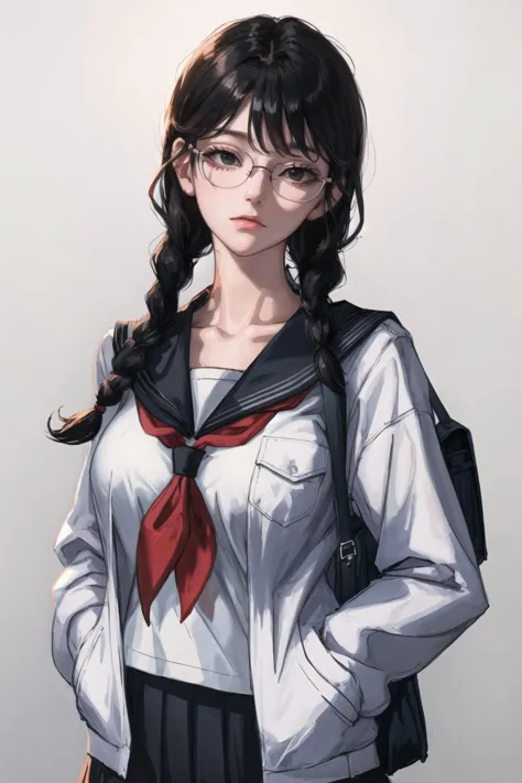 1girl,solo,glasses,school uniform,braid,black hair,bag,twin braids,serafuku,long hair,breasts,school bag,neckerchief,black-framed eyewear,black eyes,red neckerchief,white background,looking at viewer,jimiko,simple background,closed mouth,upper body,bangs,collarbone,long sleeves,large breasts,sailor collar,black serafuku,hand in pocket,hair over shoulder,shoulder bag,pocket,shirt,skirt,gradient background,black sailor collar,gradient