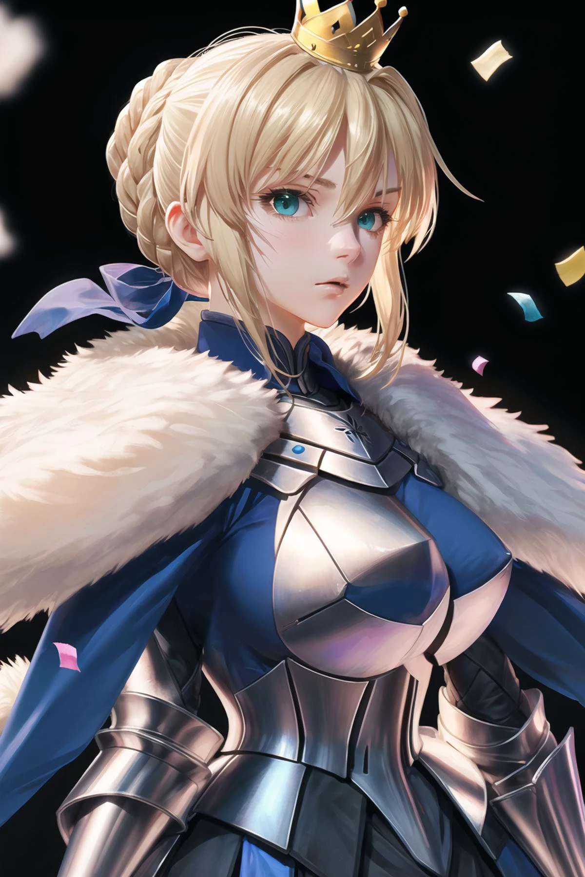 1fille, Artoria Pendragon (Destin), armure, couronne, cheveux blond, serrures latérales, seulement, bordure en fourrure, tresser, regarder le spectateur, frange, savoir, cap, bouche fermée, blue cap, flou, pectoral, armureed robe, confettis, ahogé, french tresser, haut du corps, yeux verts, cheveux entre les yeux, profondeur de champ, fur-trimmed cap, yeux bleus, gantelets, Artoria Pendragon (lancer) (Destin), robe