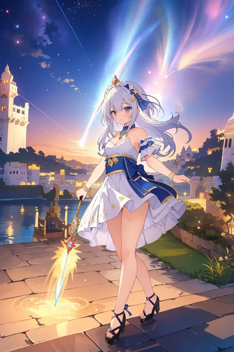 a woman in a white dress holding a sword in front of a castle