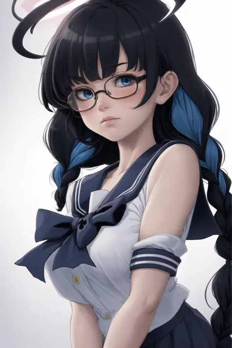 1girl,solo,glasses,halo,braid,sailor collar,multicolored hair,twin braids,blue hair,school uniform,breasts,bow,large breasts,white background,upper body,blue eyes,blush,looking at viewer,simple background,long hair,black hair,yellow bow,bangs,serafuku,two-tone hair,bowtie,collarbone,closed mouth,shirt,black-framed eyewear,blue sailor collar,