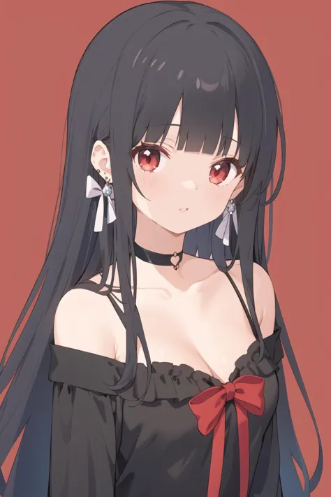 1girl,solo,long hair,red eyes,black hair,jewelry,earrings,bangs,hair bow,looking at viewer,bow,upper body,blunt bangs,dress,chok...