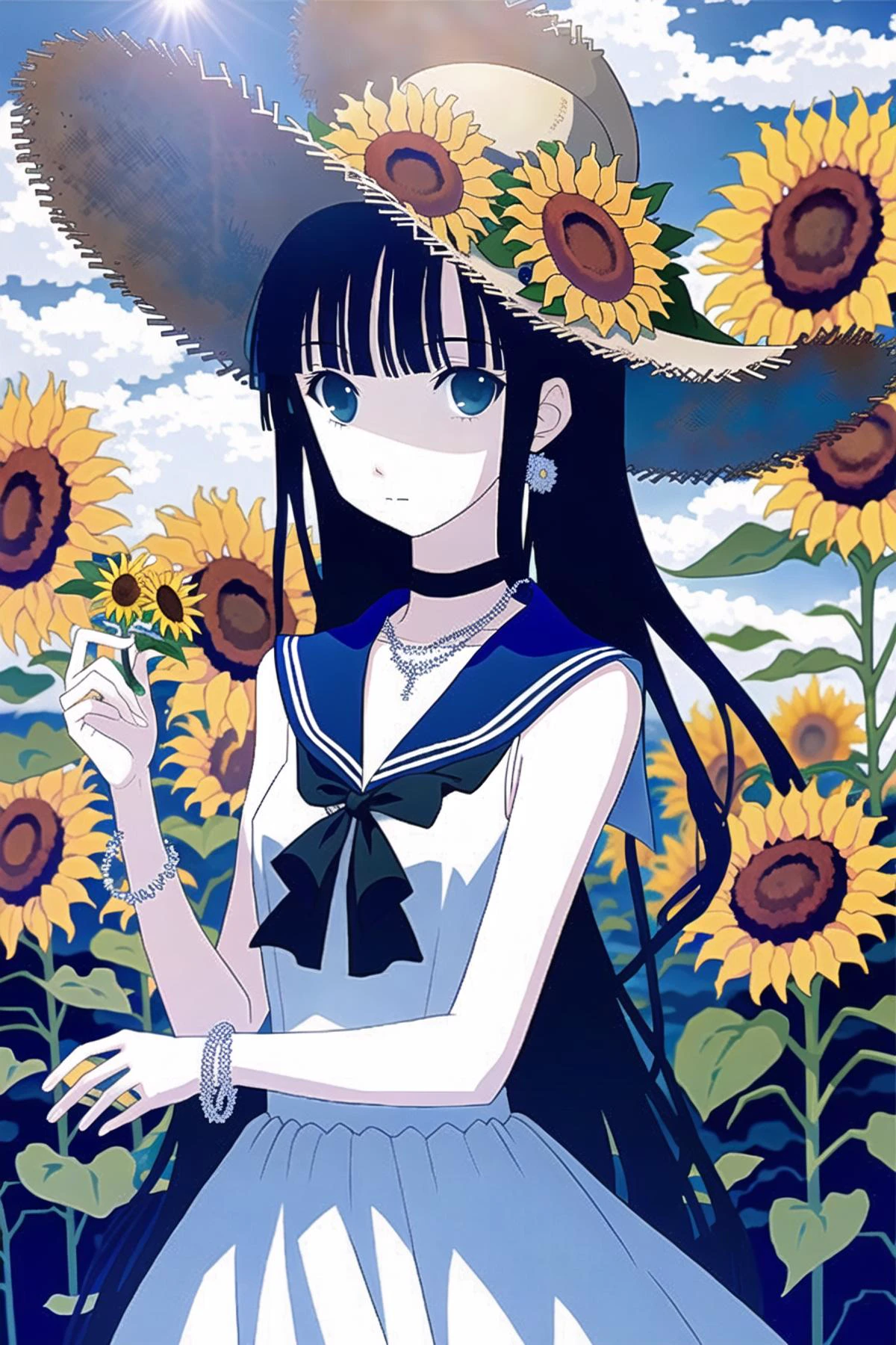 1girl,hat,flower,sunflower,solo,long hair,dress,looking at viewer,straw hat,jewelry,petals,hand on headwear,holding,bracelet,ribbon,sailor dress,holding flower,sailor collar,choker,bangs,very long hair,necklace,closed mouth,sleeveless,sun hat,bouquet,