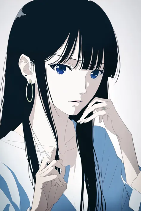 anime girl with long black hair and blue eyes posing for a picture