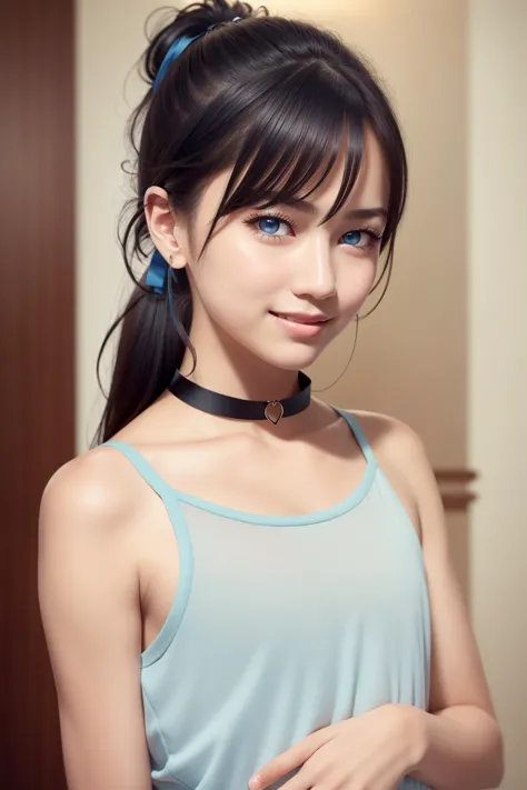 a close up of a woman with a blue top and a black choker