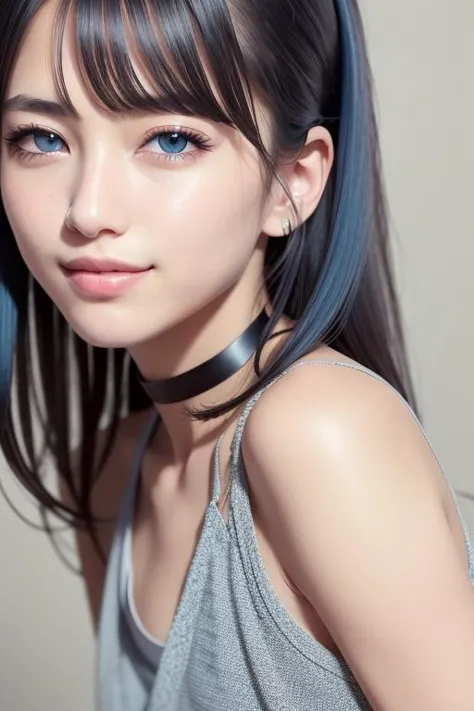 a woman with blue hair and a choker is posing for a picture