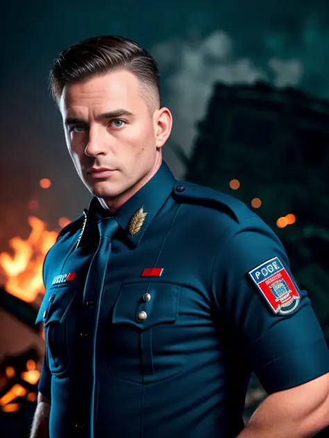 A professional photo of a European men  ((in cop uniform)),( in a wreckage building),(blood,cuts),jacked, masterpiece, best quality, highly detailed, vivid colors,flash lighting, Realistic hair,<lora:theovercomer8sContrastFix_sd15:0.2>,to8contrast style