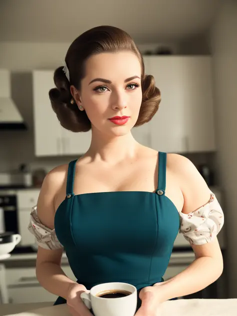 opulent, Professional Full body photo, of (elegant 1950s housewife, wearing 1950s attire), (enjoying a warm cup of coffee:1.2), (in kitchen of 1950s American house), pinup, fit body, small perky breasts, (pretty hands), perfect face, detailed eyes, (detailed skin, supple skin pores), [freckles], [beauty marks], (portrait), (saggy breasts:0.5), natural lighting, (backlighting:0.6), shallow depth of field, 8mm film grain, photographed on a Sony Alpha 1, 50mm lens, F2.8, (highly detailed, intricate details, fine), 8k, HDR, deep focus, cinematic film still from Mad Men