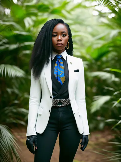 RAW photo, 1girl, (gloves:1.1), photography of an african queen, long hair, black hair, (white suit:1.1), (tie:1.1), (jeans:1.1), belt, looking at viewer, jungle, green background, standing, (high detailed skin:1.2), 8k uhd, dslr, soft lighting, high quality, film grain, Fujifilm XT3