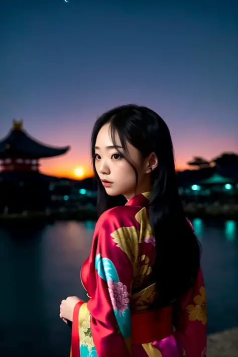 a professional (((far away landscape))) very dark under expose photo of  water, sunset,(temple in the background),japanese cute ...