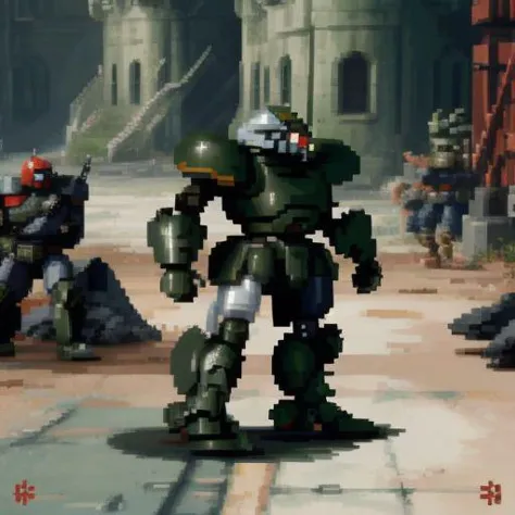 absurdres, highres, 31bits, 32-bit, PixelArt, pixel, side view, mech, mecha, giant militaryrobot, ZeonMS1:0.1 full body, giant robot, background, holding machine gun, armored_trooper, (dark green armor), video game boss