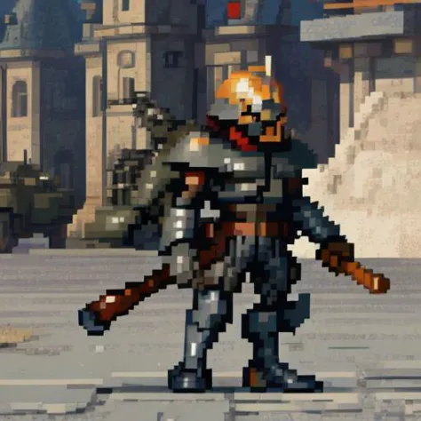 absurdres, highres, 31bits, PixelArt, pixel, side view, mecha, ZeonMS1:0.1, one-eyed, (((ww2 german helmet, ww1 german helmet))), military helmet, stahlhelm, hp bar, holding machine gun, holding axe