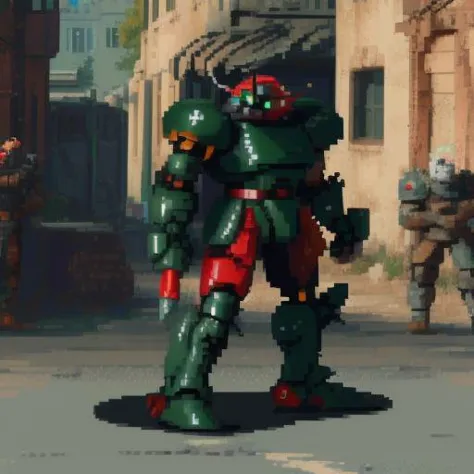 absurdres, highres, 31bits, 32-bit, PixelArt, pixel, side view, mech, mecha:0.1, giant militaryrobot, ZeonMS1:0.1 full body, giant robot, background, holding weapon, armored_trooper, (dark green armor), red shoulder, video game boss