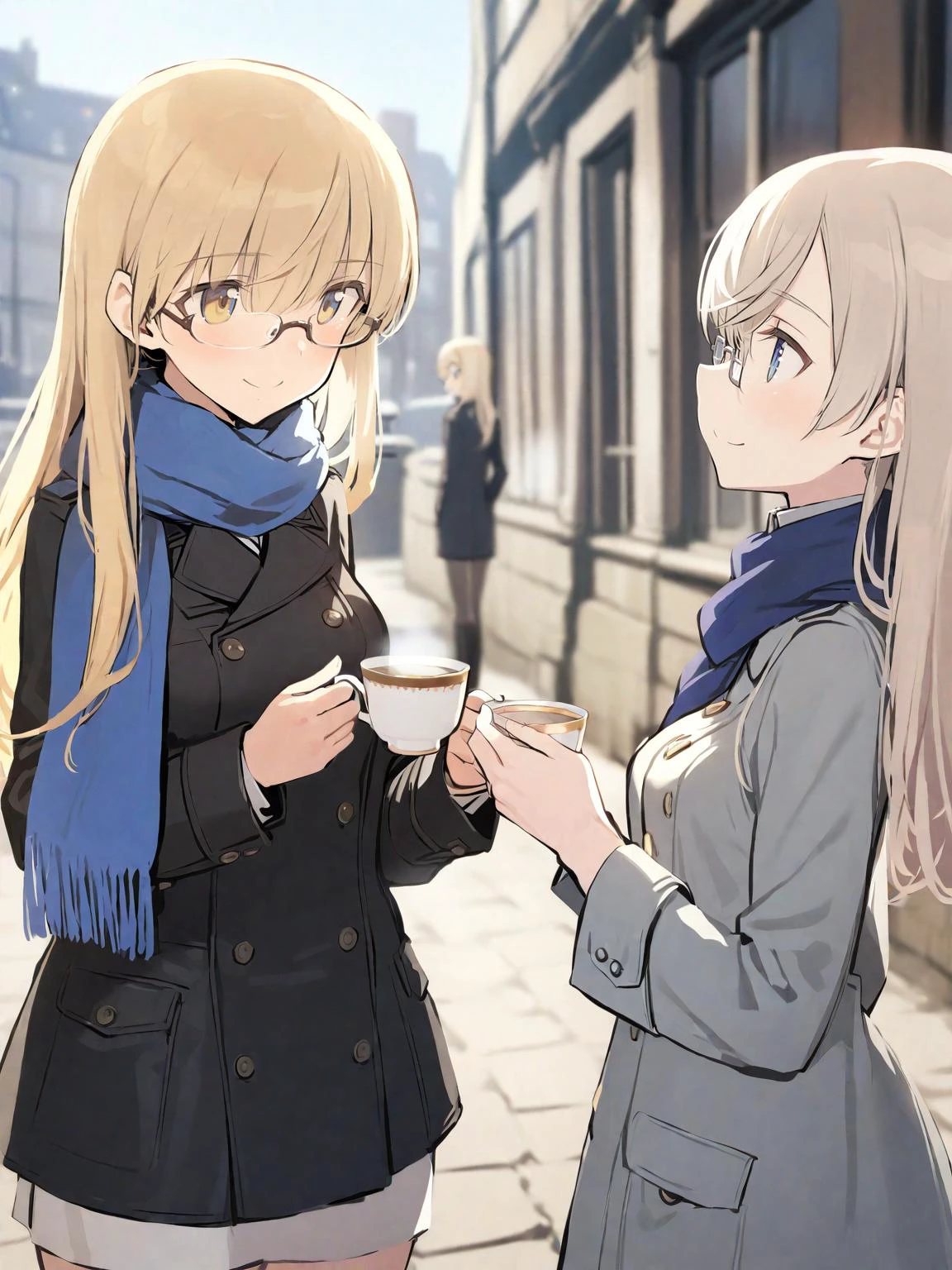 Imagen anime de dos mujeres paradas en una acera con café - SeaArt AI