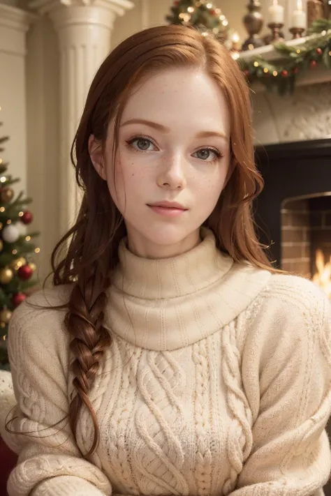 (RAW 8k photo) of mdollbot, [freckles], ginger hair, <lora:mdollbot:0.7>, (wearing edgPO pullover, edgPO, christmas themed sweat...
