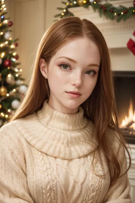 a close up of a woman in a sweater sitting in front of a christmas tree