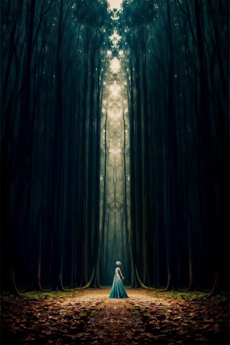 a woman in a blue dress is standing in the middle of a forest