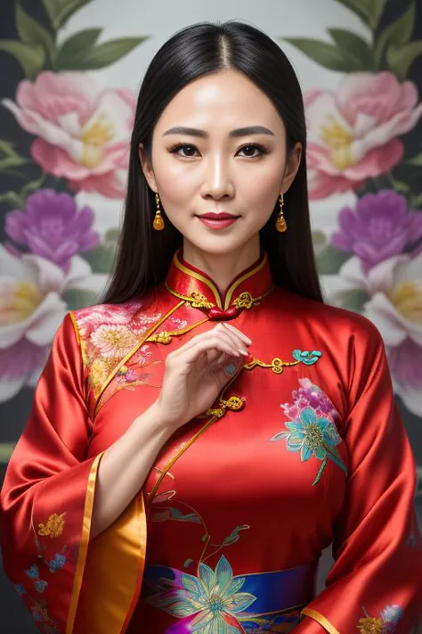 style-colour-magic, RAW-Foto (Meisterwerk), (((Meisterwerk))), (((beste Qualität))), ((ultra-detailliert)), Ein Porträt einer Frau, die einen flüssigen Cheongsam trägt, (Charakterfokus)  extrem detailliert, höchste Detailliertheit,