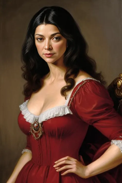 a painting of a woman in a red dress posing for a picture