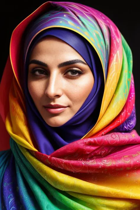 style-colour-magic, RAW-Foto (Meisterwerk), (((Meisterwerk))), (((beste Qualität))), ((ultra-detailliert)), Ein Porträt einer persischen Frau, die einen flüssigen Hijab trägt, (Charakterfokus)  extrem detailliert, höchste Detailliertheit,